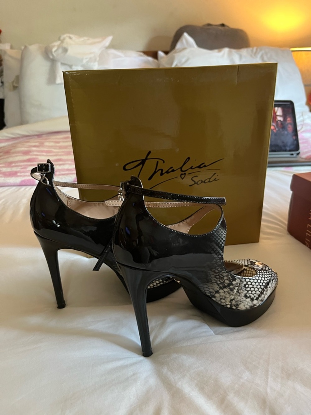 Thalia Sodi Black Patent and Snakeskin Platform Heels